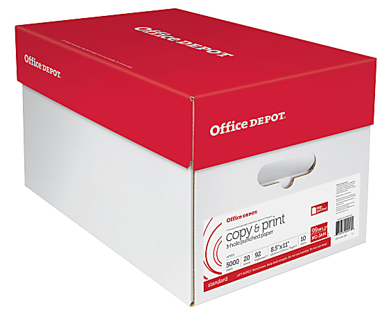 Office Depot® 3-Hole Punched Multi-Use Printer & Copy Paper, White, Letter (8.5" x 11"), 5000 Sheets Per Case, 20 Lb, 92 Brightness