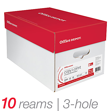 Office Depot Brand 3 Hole Punched Multi Use Printer Copier Paper Letter  Size 8 12 x 11 5000 Total Sheets 92 U.S. Brightness 20 Lb White 500 Sheets  Per Ream Case Of 10 Reams - Office Depot