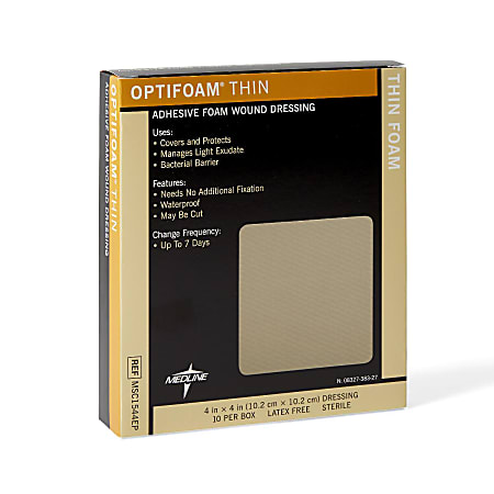 Medline Optifoam Thin Adhesive Dressings, 4" x 4", Tan, Pack Of 10