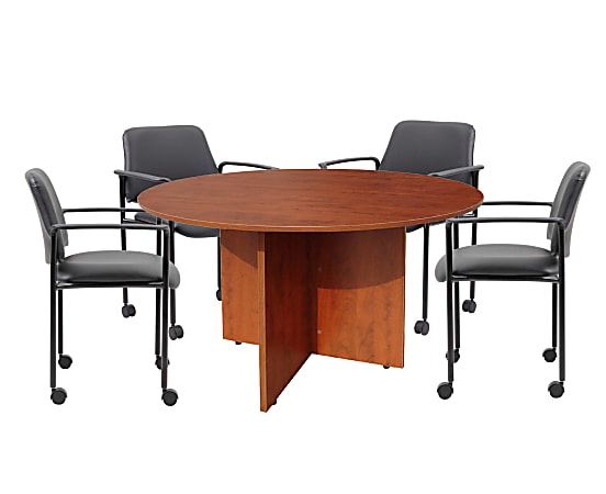 Boss Office Products Round Table And 4 Stackable Guest Chairs Set, Cherry/Black
