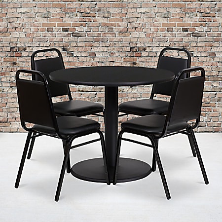 Flash Furniture Round Laminate Table Set With Round Base And 4 Trapezoidal-Back Banquet Chairs, 30"H x 36"W x 36"D, Black
