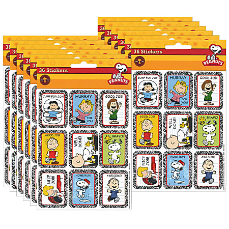 Eureka Giant Stickers, Peanuts Motivational, 36 Stickers Per Pack, Set Of 12 Packs