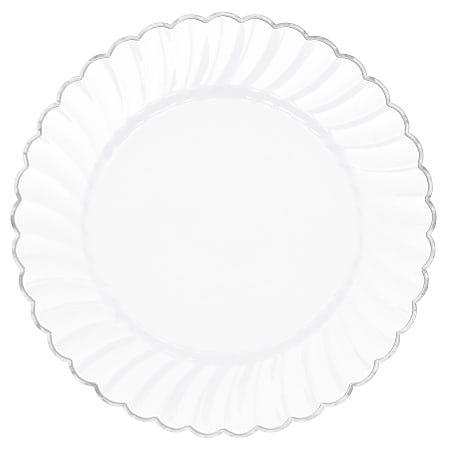 Amscan Scalloped Premium Plastic Plates With Trim, 7-1/2", White/Silver, Pack Of 20 Plates