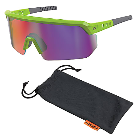 Ergodyne Skullerz AEGIR-AFASPM Anti-Scratch And Enhanced Anti-Fog Safety Glasses, 1 Size, Purple Mirror Lens/Lime
