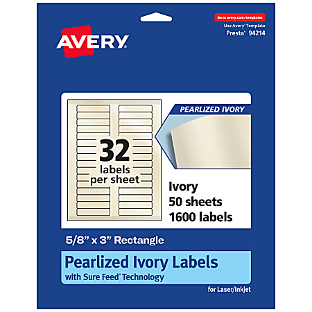 Avery® Pearlized Permanent Labels With Sure Feed®, 94214-PIP50, Rectangle, 5/8" x 3", Ivory, Pack Of 1,600 Labels