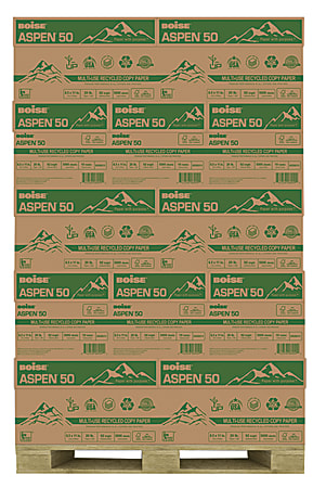 Boise® ASPEN® 50 Multi-Use Print & Copy Paper, Letter Size (8 1/2" x 11"), 92 (U.S.) Brightness, 20 Lb, 50% Recycled, FSC® Certified, White, 500 Sheets Per Ream, Case Of 10 Reams, Pallet Of 40 Cases