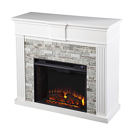 SEI Furniture Bondale Electric Fireplace With Faux Stone Surround, 38-1/4”H x 41-3/4”W x 15-3/4”D, White/Gray