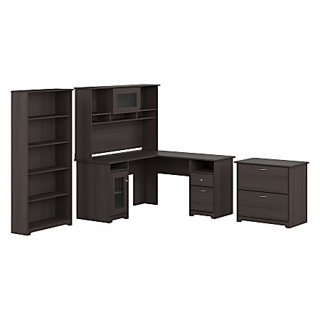 Bush Business Furniture Cabot 60"W L-Shaped Corner Desk With Hutch, Lateral File And 5-Shelf Bookcase, Heather Gray, Standard Delivery