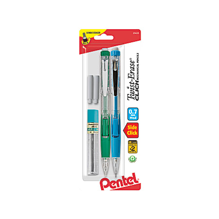 Pentel® Twist-Erase® CLICK Mechanical Pencils, 0.7mm, Hi-Polymer HB Lead, 59% Recycled, Assorted Barrel Colors, Pack Of 2