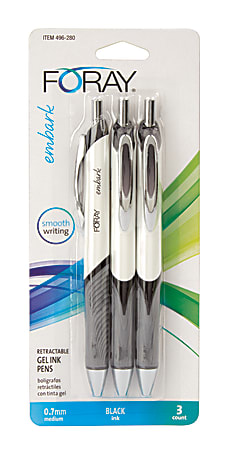 FORAY® Embark Retractable Gel Pens, Medium Point, 0.7 mm, Gray/White Barrel, Black Ink, Pack Of 3