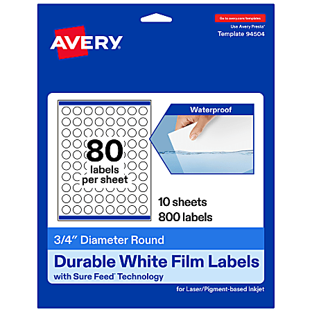 Avery® Waterproof Permanent Labels With Sure Feed®, 94504-WMF10, Round, 3/4" Diameter, White, Pack Of 800