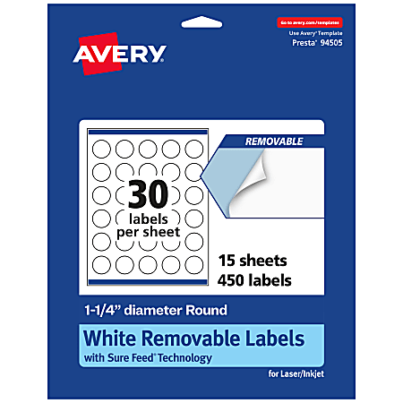 Avery® Removable Labels With Sure Feed®, 94505-RMP15, Round, 1-1/4" Diameter, White, Pack Of 450 Labels