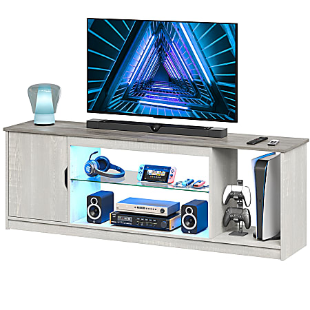 Bestier LED Gaming TV Stand For 65" TVs With Cabinet & Adjustable Glass Shelf, 20-1/2”H x 58-1/4”W x 13-13/16”D, White Wash