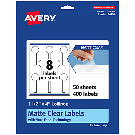 Avery® Permanent Labels With Sure Feed®, 94116-CMF50, Lollipop, 1-1/2" x 4", Matte Clear, Pack Of 400