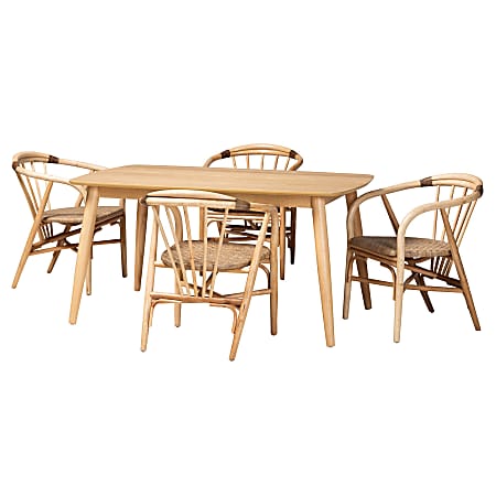 Baxton Studio Kyoto Modern Bohemian Finished Wood And Rattan 5-Piece Dining Set, Natural Brown