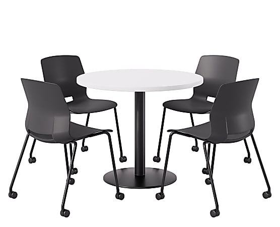 KFI Studios Proof Cafe Round Pedestal Table With Imme Caster Chairs, Includes 4 Chairs, 29”H x 36”W x 36”D, Designer White Top/Black Base/Black Chairs