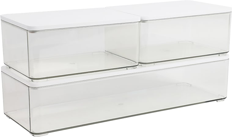 Martha Stewart Grady Stackable Plastic Storage Boxes With Lids, Clear/White, Set Of 3 Boxes