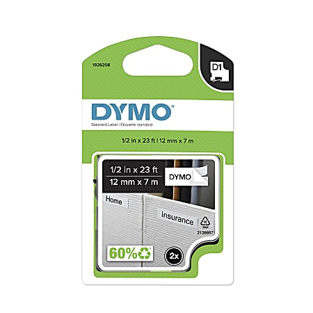 DYMO® D1 45013 Black-On-White Tape, 0.5" x 23', Pack Of 2