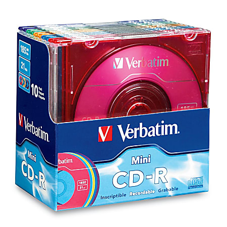 Verbatim Pocket CD-R 21min 85MB with Branded Color Surface - 10pk Slim Case, Assorted
