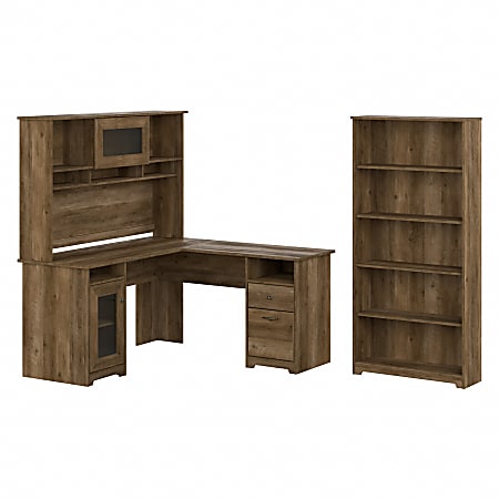 Bush Business Furniture Cabot 60"W L-Shaped Corner Desk With Hutch And 5-Shelf Bookcase, Reclaimed Pine, Standard Delivery