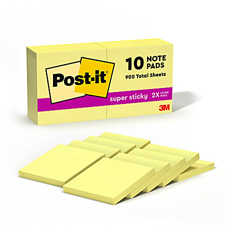 Post-it Super Sticky Notes, 3 in x 3 in, 10 Pads, 90 Sheets/Pad, 2x the Sticking Power, Canary Yellow