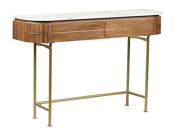 Coast to Coast Myles Modern Solid Mango Wood, Iron, & Marble 2-Drawer Console Table, 31"H x 47"W x 13"D, Rian Brown & White Marble
