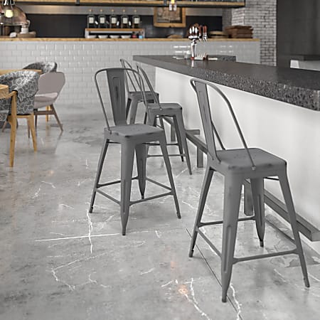 Flash Furniture Commercial-Grade 24"H Metal Distressed Indoor/Outdoor Counter-Height Bar Stool With Back, Silver