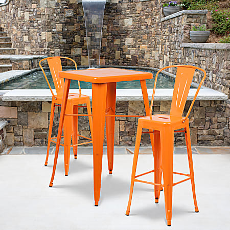 Flash Furniture Square Metal Bar Table Set With 2 Stools, 40"H x 27-3/4"W x 27-3/4"D, Orange