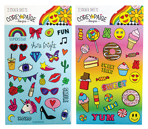 Inkology Sticker Sheets, Assorted Designs, 2 Sticker Sheets Per Pack, Case Of 12 Packs
