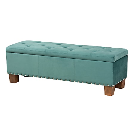 Baxton Studio Modern And Contemporary Velvet Button-Tufted Storage Ottoman Bench, 17-5/16"H x 52-3/16"W x 16-3/4"D, Teal Blue/Brown