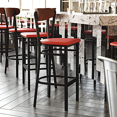 Flash Furniture Wright Steel/Vinyl Commercial-Grade Barstool With Boomerang Back, Red/Walnut