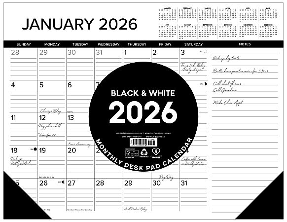 2026 Willow Creek Press Desk Pad Calendar, 22" x 17", Black/White Lines, January To December, 57216