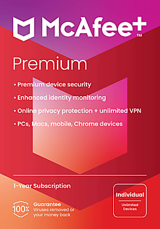McAfee®+ Premium Antivirus & Internet Security Software, Individual, For Unlimited Devices, 1-Year Subscription, Windows®/Mac®/Android/iOS/ChromeOS, Product Key
