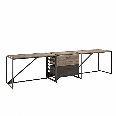Bush Furniture Refinery 2-Person Industrial Desk Set With Lateral File Cabinet, Rustic Gray/Charred Wood, Standard Delivery