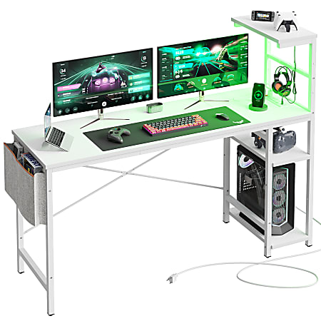Bestier LED Gaming Computer Desk With Power Outlets, Shelves, Hook & Side Bag, 61"W, White