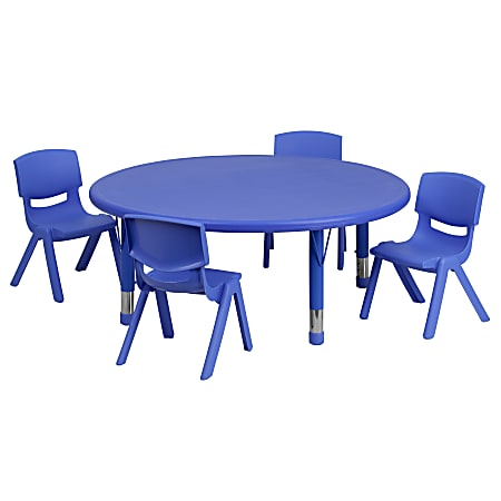 Flash Furniture Round Plastic Height-Adjustable Activity Table Set With 4 Chairs, 23-3/4"H x 45"W x 45"D, Blue