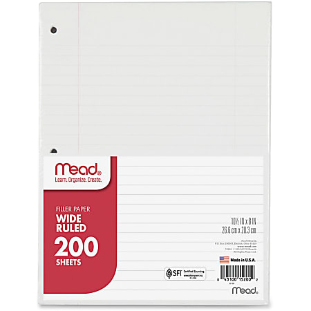 Mead® Notebook Filler Paper, Wide-Ruled, 8" x 10 1/2", 3-Hole Punched, White, Pack Of 200 Sheets