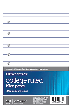Office Depot® Brand College-Ruled Notebook Filler Paper, 7-Hole Punched, 8 1/2" x 5 1/2", 120 Sheets