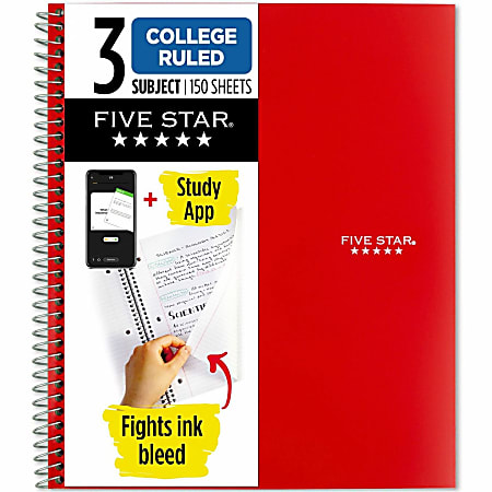 Five Star Recycled Notebook Plus Study App, 1 Subject, College Ruled, 8  1/2 x 11, 4 Pack, Spiral Notebooks