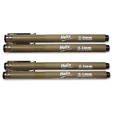Helix Disposable Technical Drawing Pens - 0.1 mm, 0.3 mm, 0.5 mm, 0.8 mm Pen Point Size - Black Water Based Ink - 4 / Pack