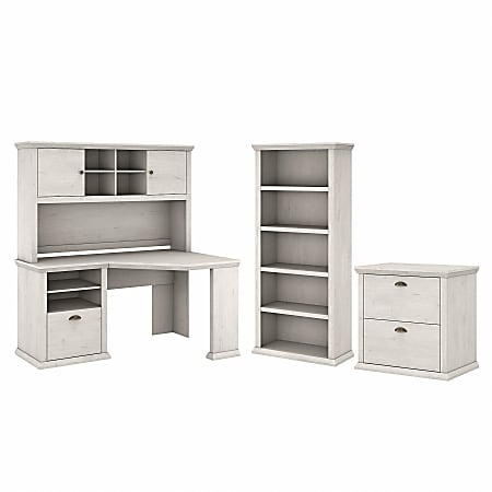 Bush Furniture Yorktown 60"W Corner Desk With Hutch, Lateral File Cabinet And 5-Shelf Bookcase, Linen White Oak, Standard Delivery
