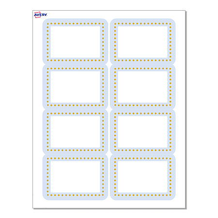 Avery® Printable Adhesive Name Badges/Preprinted Designs, Rectangle, S00-EY7, 2-1/3" x 3-3/8", Matte White/Blue Border/Gold Dots, Pack Of 80