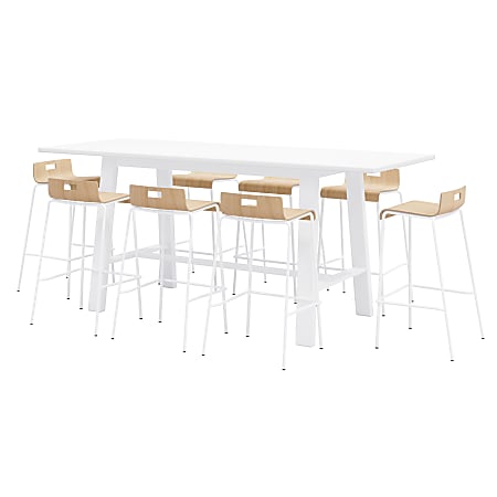 KFI Studios Midtown Bar Height Table With 8 Low Back Bar Stools, White Table, Natural/White Stools