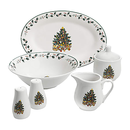 Gibson Home Christmas Tree Trimming 7-Piece Porcelain Serving Set, White