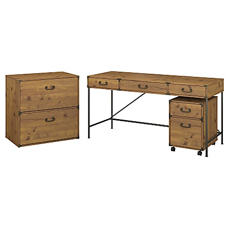 kathy ireland® Home by Bush Furniture Ironworks 60"W Writing Desk with File Cabinets, Vintage Golden Pine, Standard Delivery