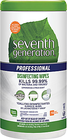Seventh Generation® Professional Disinfecting Multi-Surface Wipes, 8" x 7", Lemongrass Citrus, 70 Wipes Per Canister, Carton Of 6 Canisters