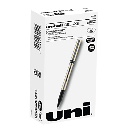 uni-ball® Deluxe Rollerball Pens, Fine Point, 0.7 mm, Gold Barrel, Black Ink, Pack Of 12