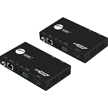 SIIG 4K HDR HDMI 2.0 HDBaseT Extender Over Single Cat5e/6 with RS-232 & IR - 60m - 1 Input Device - 1 Output Device - 196.85 ft Range - 2 x Network (RJ-45) - 1 x HDMI In - 1 x HDMI Out - Serial Port - 4K - 3840 x 2160 - Twisted Pair - Category 6
