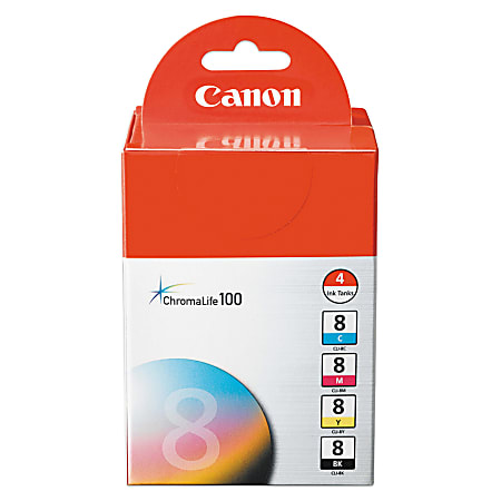 Canon CLI-8 ChromaLife 100 Black/Color Ink Cartridges (0620B010), Pack Of 4