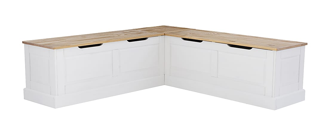 Linon Manning Corner Storage Nook Bench, 18-1/5”H x 62-2/5”W x 16-1/2”D, White/Natural, Beige Cushions